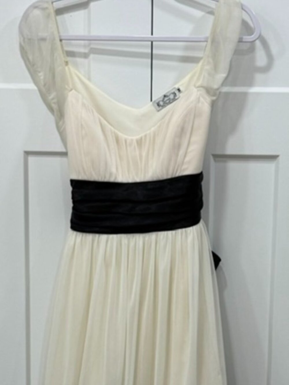 Dressy dress Trixxi. cream with black bow, size M, sheer cap sleeve